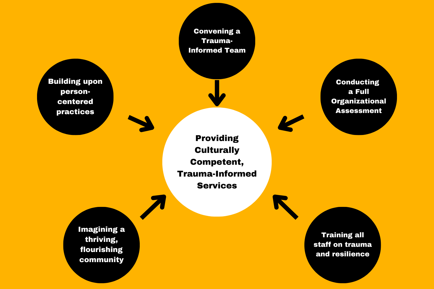 Providing Culturally Competent Trauma-Informed Services by convening a trauma-informed team, conducting a full organizational assessment, training all staff on trauma and resilience, building upon person-centered practices and imagining a thriving, flourishing community