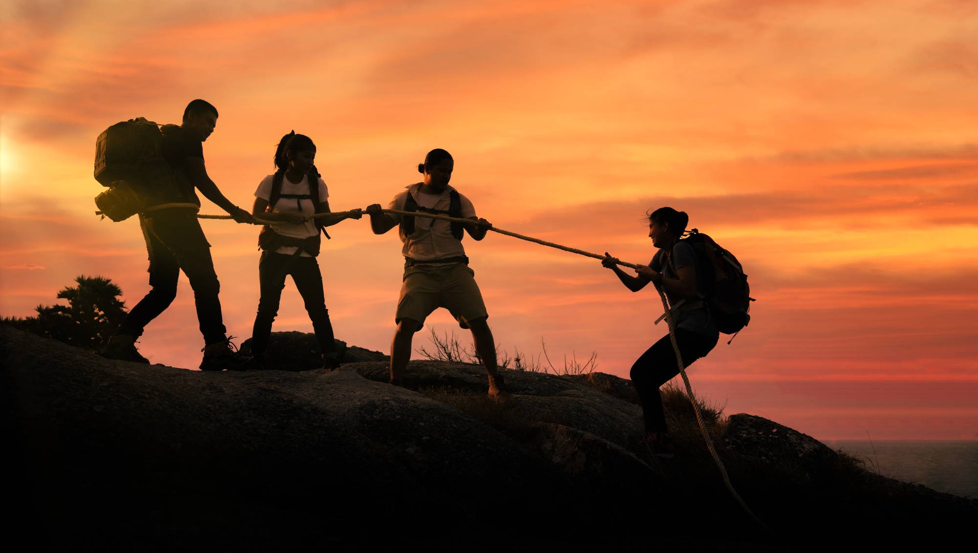 Three out of a group hold a rope providing stability for the fourth to pull themselves up a hill, silhouetted against a sunset